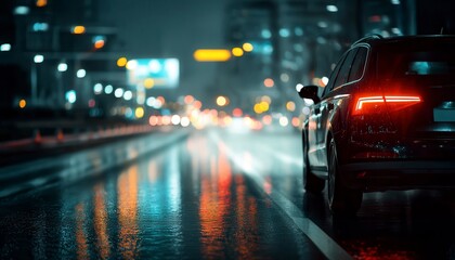 Modern car equipped with automatic emergency braking system. Sensor lights show on wet road. System detects possible collision. Night time. City street. Enhanced vehicle safety innovative