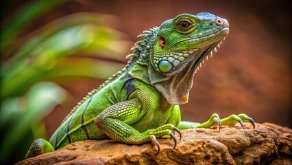 Obraz premium A large green lizard is sitting on a warm brown rock, with its legs folded under its body and a look of contentment on its face