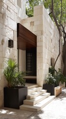 Fototapeta premium Modern landscaped garden with stairs. Outdoor patio with plants plants. Architectural house entrance with stone steps. Stylish contemporary exterior design. Inviting residence facade