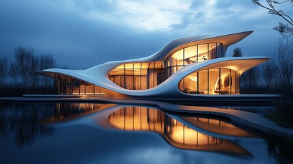 Stunning futuristic house with flowing design features illuminated at dusk, reflected in tranquil water, highlighting architectural innovation and luxury living. Copy space