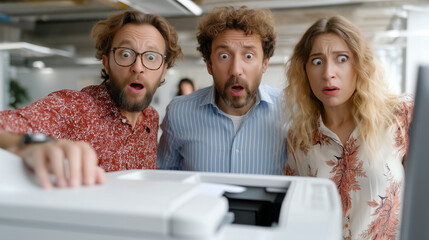 Printer Problems: A trio of office colleagues stare in disbelief as a malfunctioning printer spews out a comical array of paper
