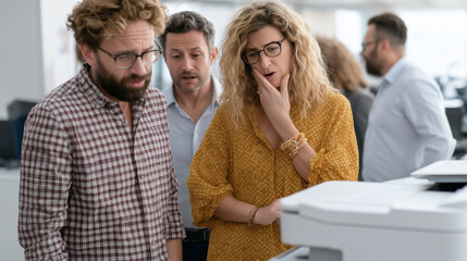 Office Frustration: A team grapples with the complexities of a copier in a modern office setting, portraying the common challenges of office life and technical difficulties.