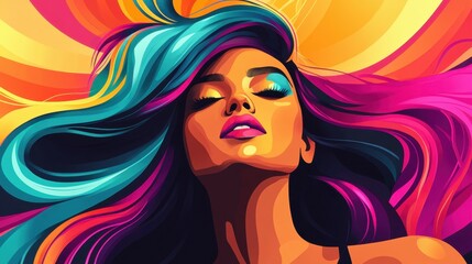 Stylized illustration of a confident woman with flowing colorful hair, set against a vibrant background with bold abstract color blocks.