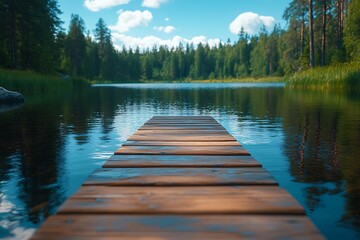 Obraz premium Wooden pier leading to calm lake water surrounded by forest trees