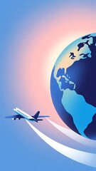 Fototapeta premium Stylized globe with airplane flying along curved path, travel, global connectivity, soft gradient background