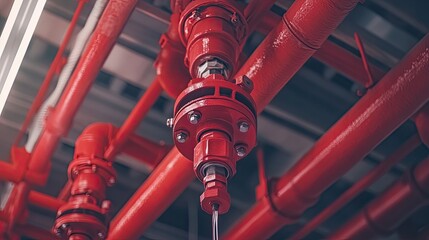 Red Fire Sprinkler System Pipes Closeup.