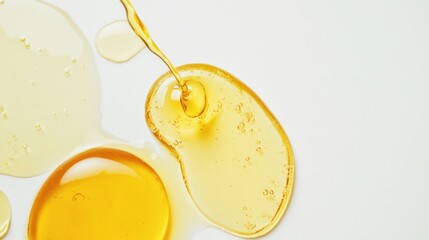 Honey, oil, or other viscous liquid, drips and pools on a white background.  A close-up shot showing textures