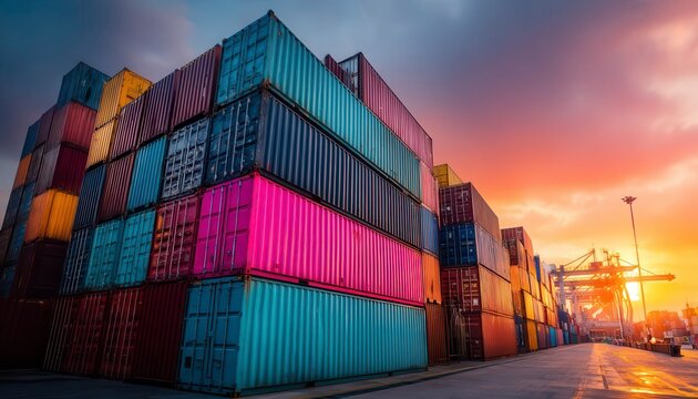 Stacked blue red shipping containers at port at sunset. Logistics industry. International cargo transport. Commercial maritime industry. Import export business. Global trade. Harbor scene.