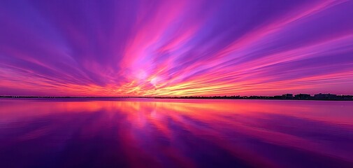 Stunning Sunset Over Serene Water Reflection. Golden hour paints tranquil aquatic surface breathtaking vista nature s artistry peaceful scene idyllic location explore scenic beauty