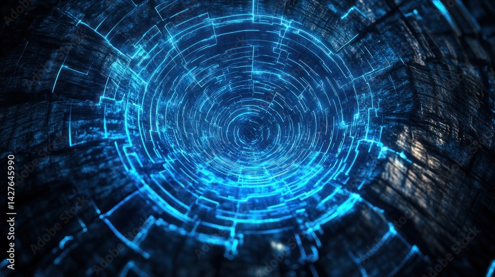 Poster abstract digital tunnel with glowing blue circuits