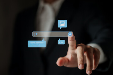 AI search technology concept. Businessman touch search bar on virtual screen. Change online search with generative AI.
