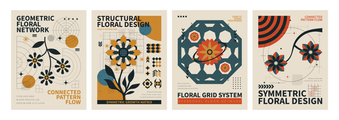 Geometric Floral Design Posters: A set of four unique and aesthetically pleasing posters featuring geometric floral designs in vibrant colors.