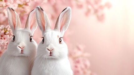 Obraz premium Lovely white rabbits among cherry blossoms spring garden close-up photography in soft hues