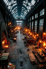 Interior view of a large industrial building with rows of machinery and windows.