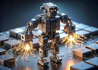 Programmable Matter Robot: Metallic Chrome Voxels Forming Humanoid 