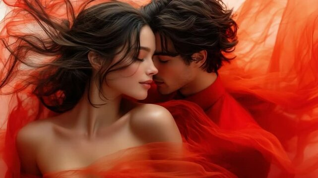 Love's Embrace: A tender embrace of two lovers intertwined in red, symbolizing passion, intimacy, and the eternal dance of romance. A beautiful couple enveloped in flowing fabric.