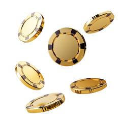 flying golden casino chips isolated on transparent white background, clipping path