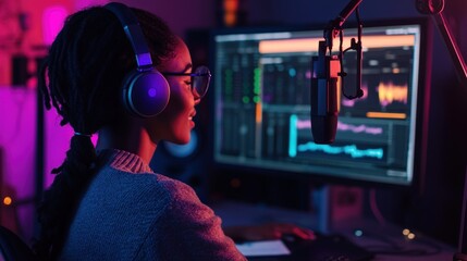 Focused Woman Podcasting: Neon-lit Studio Recording
