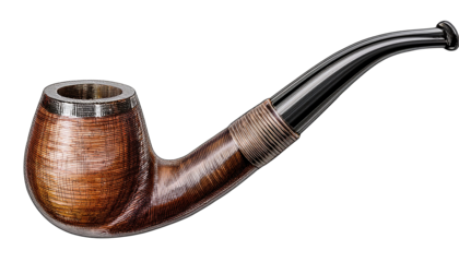 A classic smoking pipe with a curved bowl, featuring a polished wood finish and a metallic stem.