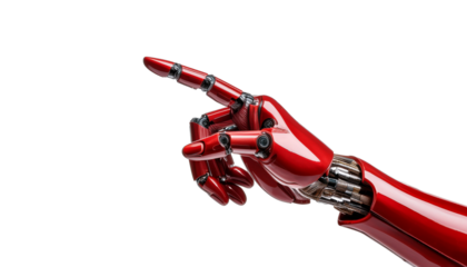 A close-up view of a red robotic hand pointing, showcasing intricate mechanical details and a sleek design against a dark background.