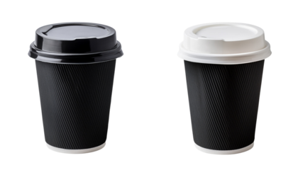 Two coffee cups, one black and one white, both featuring ribbed textures and domed lids, are positioned side by side.