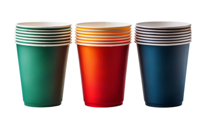 A stack of colorful coffee cups showcasing a gradient design in green, orange, and blue, arranged neatly.