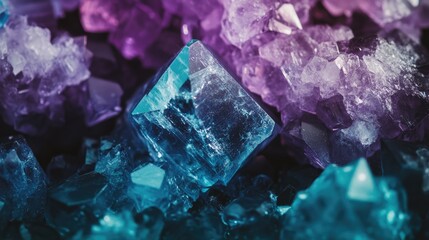 Fototapeta premium Blue And Purple Fluorite Crystals Cluster. A Detailed Macro Shot. Abstract, Mineral.