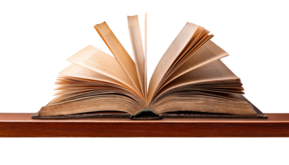 An open book with pages fanned out, showcasing its textured paper and detailed binding.