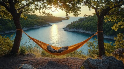 Fototapeta premium Sunset Hammock Serenity: Coastal Escape in a Tranquil Cove