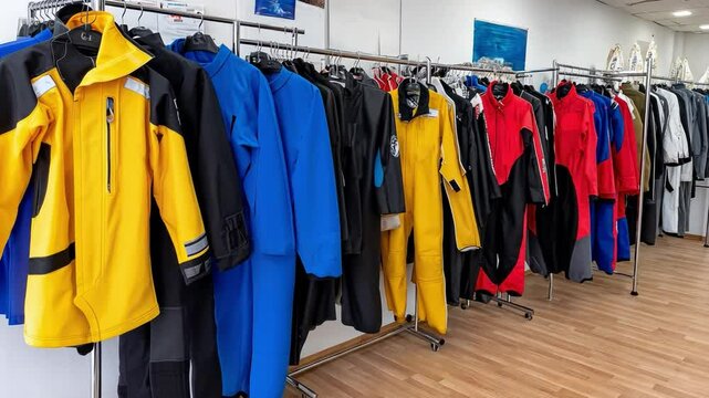 Colorful Display of Diverse Workwear in a Modern Retail Space Featuring Various Styles and Designs