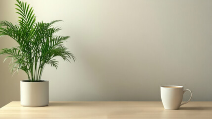 Obraz premium Indoor scene with potted plant and coffee cup on wooden table