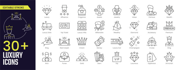 Luxury Stroke icon collections. Containing Luxury, Affluence, Vip Ticket, Value, Jewelry, Famous, King, Premium, Luxurious, Vip, and Gold icons. Editable Stroke icon collection Outline icon