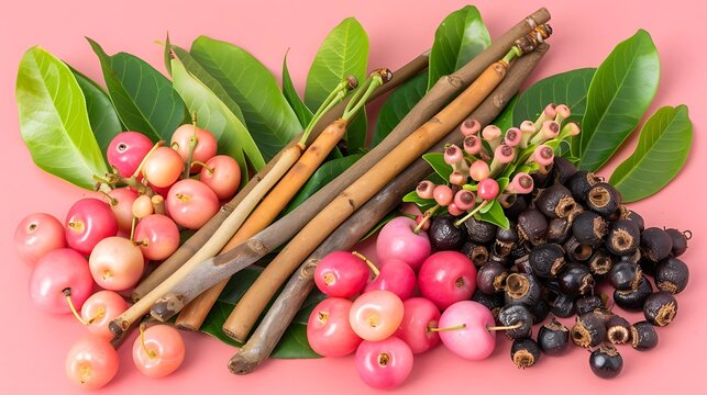 Exotic java plum, leaf, and twigs composition in a vibrant studio setting