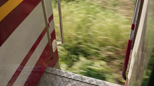 POV shot from train of grass from Thailand's Eastern Line from Bangkok to Ban Klong Luk during the day in Thailand, close up shot