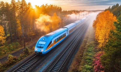 Fototapeta premium High-speed train autumn forest sunrise travel