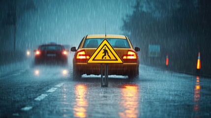 Rainy Night Drive Caution Ahead.