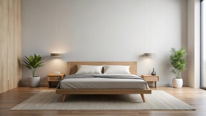 Minimalist Bedroom with Empty Wall , wooden bed, relaxing,  wooden bed
