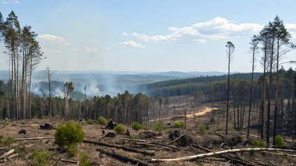 Obraz premium Animal Conservation Biodiversity Loss Concept, Deforested landscape showing stumps, smoke, and distant hills under a clear sky.