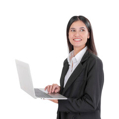 Confident and beautiful young Asian businesswoman in black suit holding laptop and smiling while...