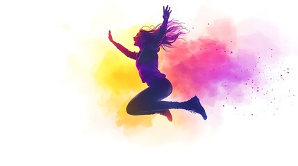 Joyful Woman Jumping in Vibrant Watercolor Splash