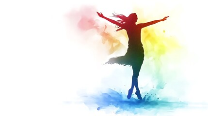 Joyful Woman Silhouette Dancing in Rainbow Watercolor Splash