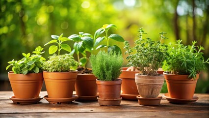 Fototapeta premium Herb garden in terracotta pots under natural light, herbs, in-garden, herbs,in-garden,gardening,indoors