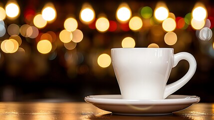 Fototapeta premium Ceramic Cup with Blurred Lights Background, Cozy Morning or Evening Beverage
