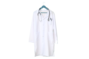 A doctor's coat on a hook represents healthcare professionals' dedication on World Doctor's Day, isolated on white, PNG