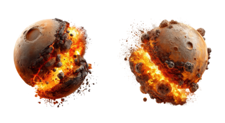 Dramatic Exploding Moon or Planet with Fire and Debris Effect Showing Cosmic Destruction in Space Art Concept Isolated on Transparent and White Background