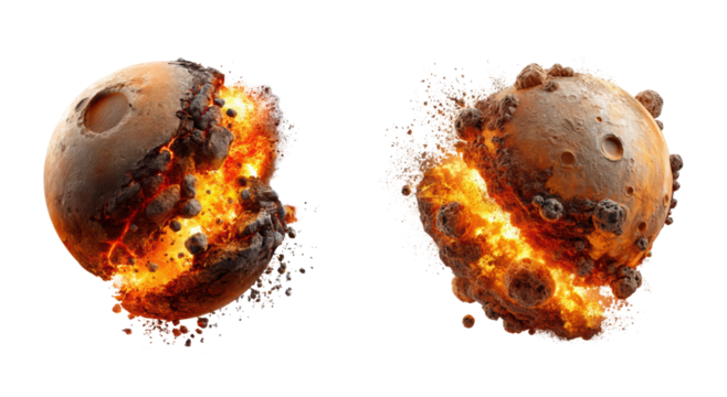 Dramatic Exploding Moon or Planet with Fire and Debris Effect Showing Cosmic Destruction in Space Art Concept Isolated on Transparent and White Background