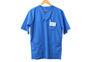 Blue scrubs hang on a wooden hanger, symbolizing dedication to healthcare on World Doctor's Day, isolated on white, PNG