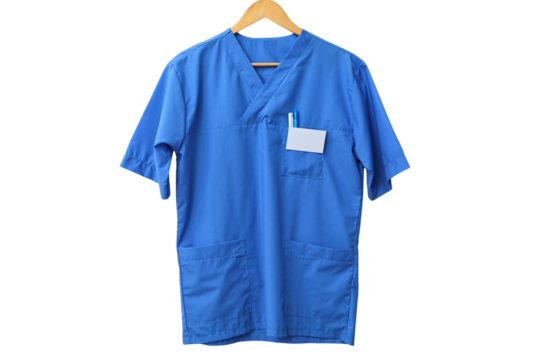 Blue scrubs hang on a wooden hanger, symbolizing dedication to healthcare on World Doctor's Day, isolated on white, PNG