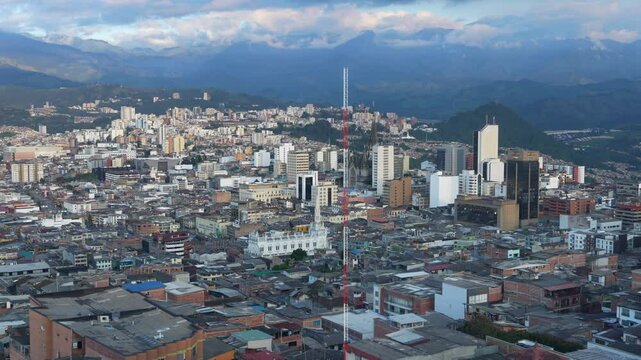 Scenic View of Manizales Downtown From Chipre Tower Through the Glass. Wide Shot