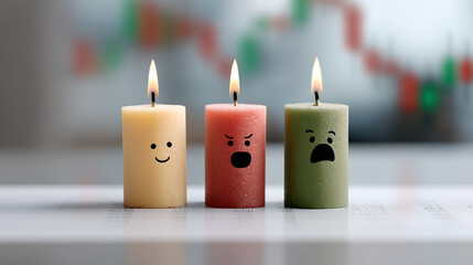 Market Sentiment in Wax: Three candle, each a different hue and expression, stand as personifications of fluctuating market sentiments. A creative portrayal of optimism, uncertainty, and despondency.